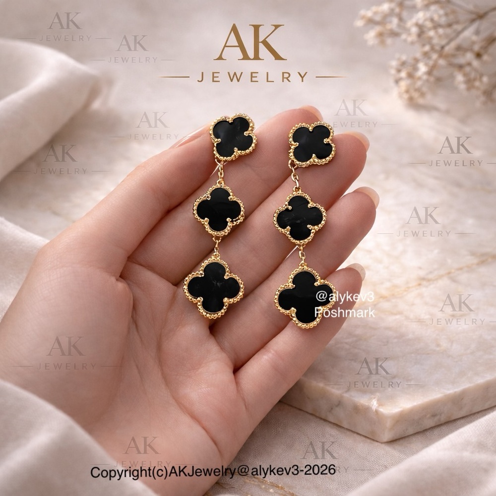 💎LUXURY EARRINGS Onyx Black Quatrefoil, 3 Delicate Dropping Clover Motifs